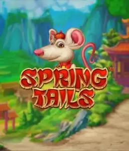 A whimsical illustration of a white rat dressed in traditional Chinese attire standing in a vibrant mountain backdrop. The image promotes the Spring Tails Slot by Betsoft, showcased with bold gold and red logo lettering.